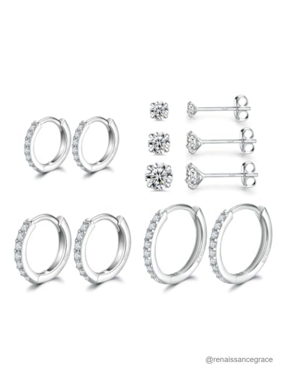 Silver Hoop and Stud Earrings Set, Hypoallergenic CZ, 6 Pairs
